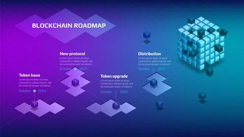 Isometric roadmap for blockchain or cryptocurrency project with big cube Stock Illustration