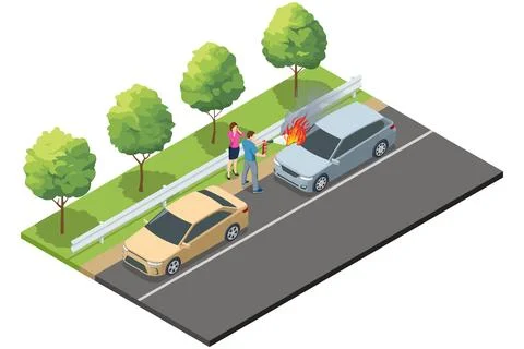 Isometric roadside car fire with people and traffic Stock Illustration