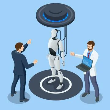 Isometric robot analyzes the database. Artificial intelligence working for big Illustrazione stock