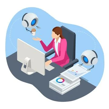 Isometric robot analyzes the database. Artificial intelligence working for big Illustrazione stock