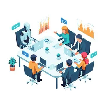 Isometric Robot and Humans Collaborating in a Business Meeting Stock Illustration