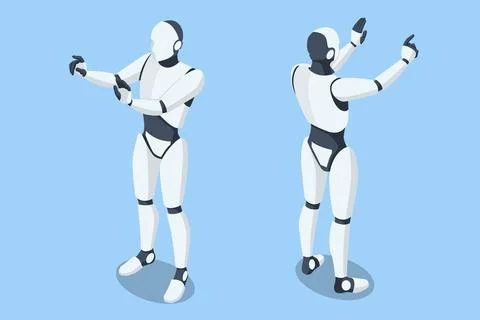 Isometric robot with artificial intelligence operates within a virtual interface Illustrazione stock