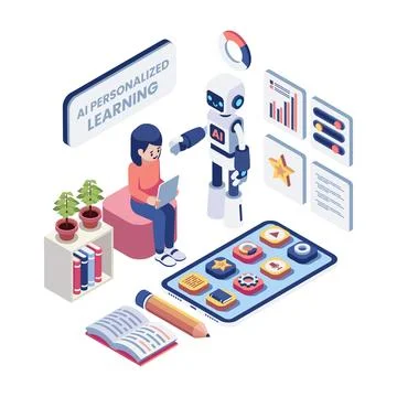Isometric Robot Assisting Kid with AI Powered Personalized Learning Stock Illustration