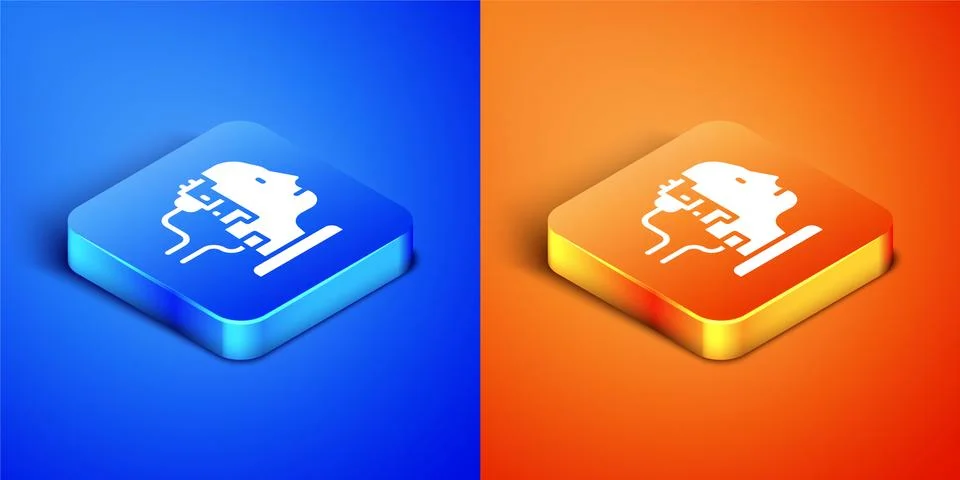 Isometric Robot connected for maintenance icon isolated on blue and orange Illustrazione stock