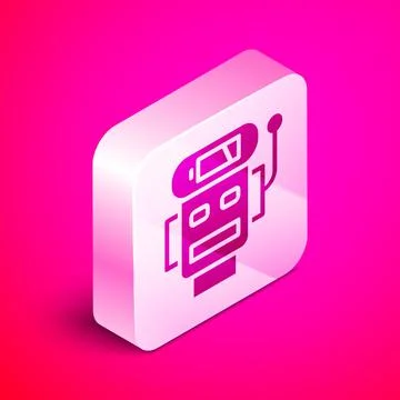 Isometric Robot low battery charge icon isolated on pink background. Artificial Stock Illustration