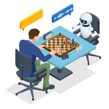 Isometric Robot playing chess with a man. Artificial Intelligence vs human Stock Illustration