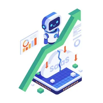 Isometric Robot Riding Rising Arrow with Broken SaaS Cloud Business Ilustración de archivo