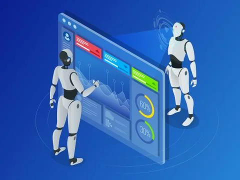 Isometric robot working with digital display. Robot program another robot 스톡 일러스트