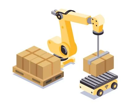 Isometric robotic arm loading cardboard boxes onto an autonomous mobile rob.. Illustrazione stock