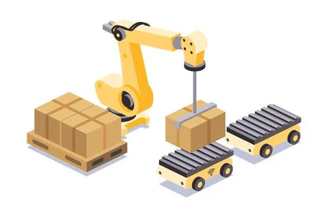 Isometric robotic arm loading cardboard boxes onto an autonomous mobile rob.. Stock Illustration