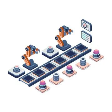 Isometric Robotic Assembly Line for Semiconductor Manufacturing Stock Illustration