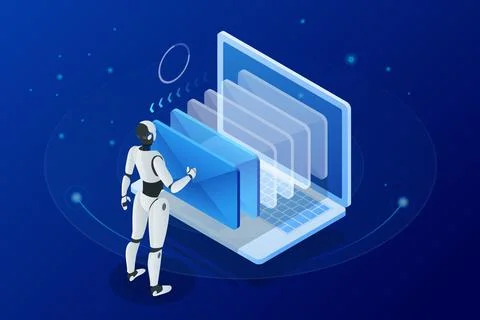 Isometric robots man with artificial intelligence working with a virtual Stock Illustration