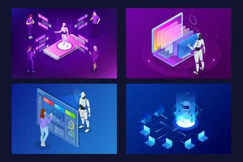 Isometric robots man with artificial intelligence working with a virtual Stock Illustration