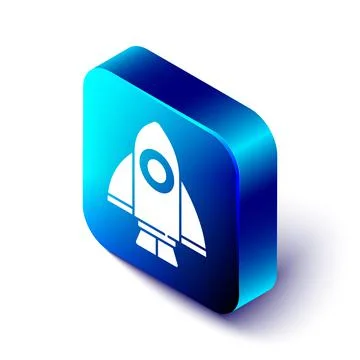 Isometric Rocket ship icon isolated on white background. Space travel. Blue Stock Illustration