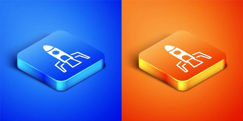 Isometric Rocket ship icon isolated on blue and orange background. Space travel Illustrazione stock