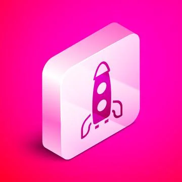 Isometric Rocket ship icon isolated on pink background. Space travel. Silver Stock Illustration