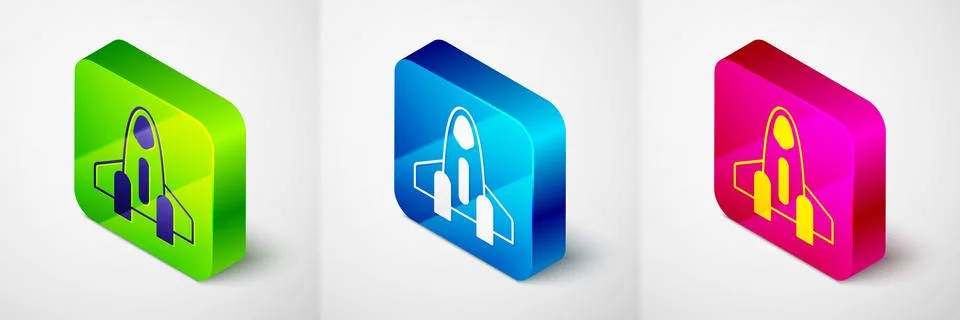 Isometric Rocket ship icon isolated on grey background. Space travel. Square  Stock Illustration
