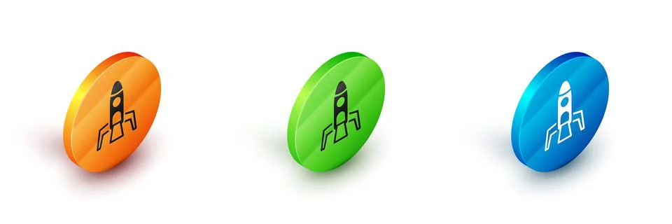 Isometric Rocket ship icon isolated on white background. Space travel. Circle Illustrazione stock