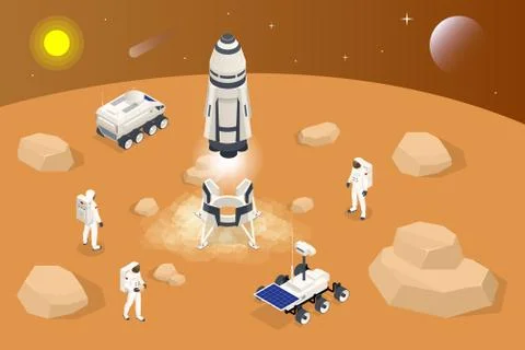 Isometric rocket take-off or landing on Mars. Mars Colonization, Biological Stock Illustration