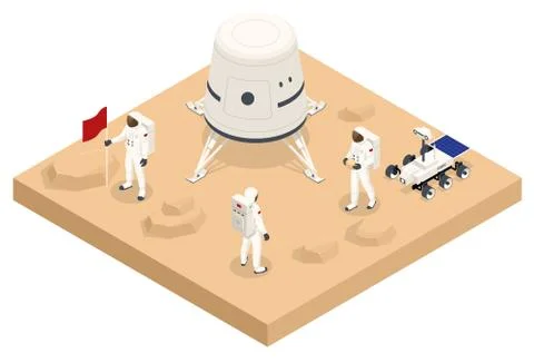 Isometric rocket take-off or landing on Mars. Mars Colonization, Biological Stock Illustration