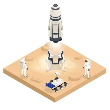 Isometric rocket take-off or landing on Mars. Mars Colonization, Biological Stock Illustration