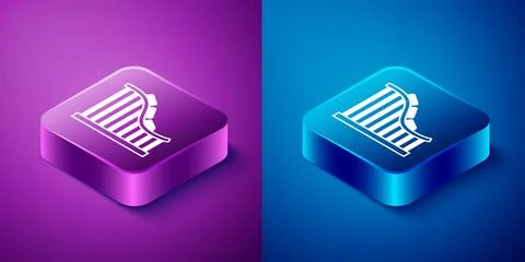 Isometric Roller coaster icon isolated on blue and purple background. Amusement 스톡 일러스트