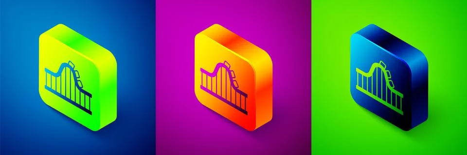 Isometric Roller coaster icon isolated on blue, purple and green background.. 스톡 일러스트