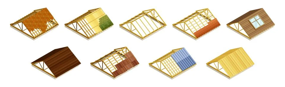 Isometric Roofing Construction Part of Building Vector Set Stock Illustration