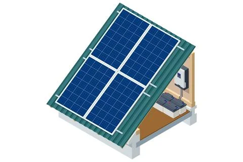 Isometric Rooftop solar panels, Stand-alone system, Hybrid system, Electricity イラスト素材