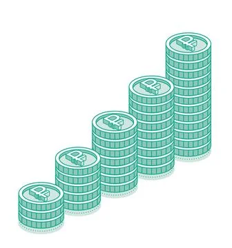 Isometric rouble coins stacks. 3d cash. Outline objects isolated on white b.. 库存插图