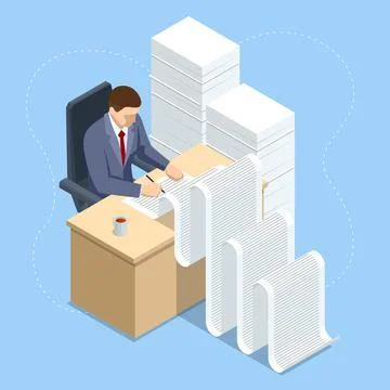 Isometric Routine, Bureaucracy, Big Data, Paperwork and Office. Lot of Paperwork イラスト素材