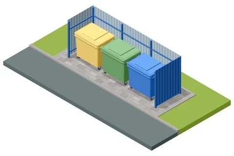 Isometric row of color coded waste bins beside a roadside fence, illustrating Stock Illustration