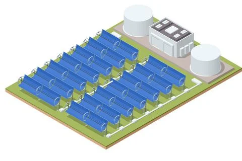 Isometric row of solar mirrors. Solar power plant turn up skyward absorb the Stock Illustration