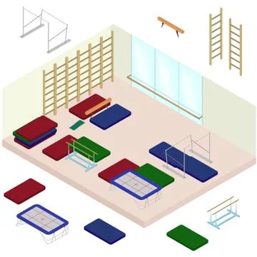 Isometric rtistic gymnastics room with tools. Set of sporting elements Stock Illustration