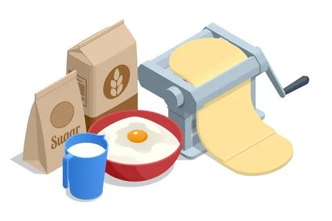 Isometric rye or wheat flour, dough sheeting machine, milk, egg. Bakery, rustic Stock Illustration