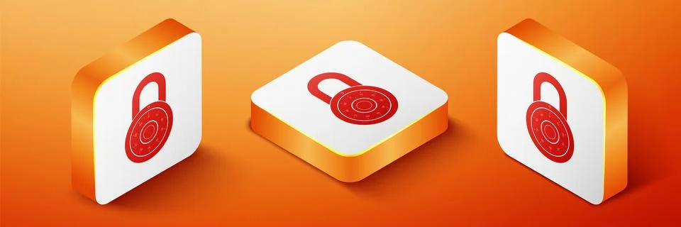 Isometric Safe combination lock wheel icon isolated on orange background Stock Illustration