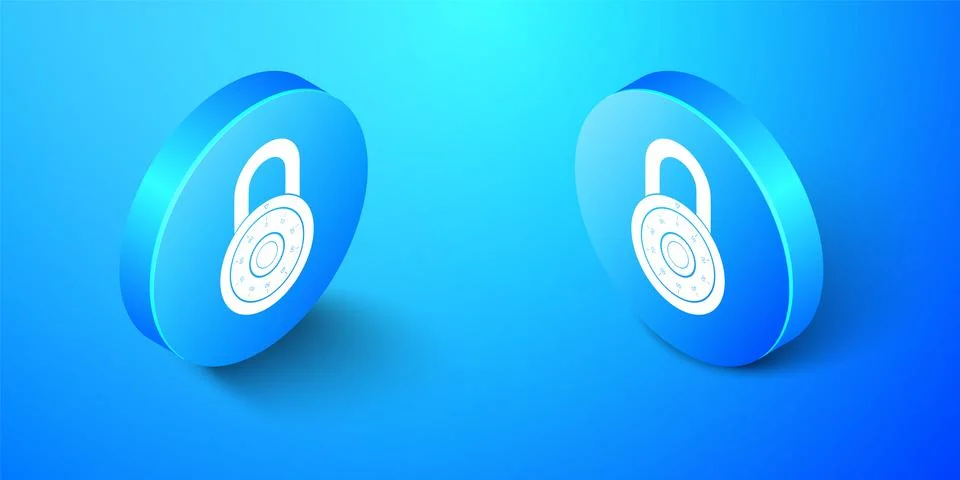 Isometric Safe combination lock wheel icon isolated on blue background イラスト素材