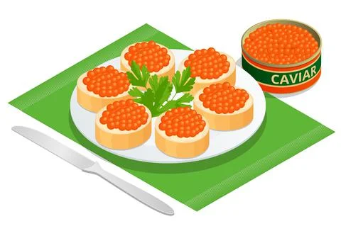 Isometric Salmon Red Caviar. Rye bread with butter and red caviar with lemon and Stock Illustration