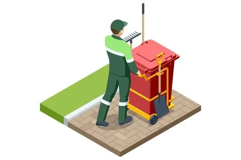 Isometric sanitation worker transporting a red waste bin with shovel and rake on Stock Illustration