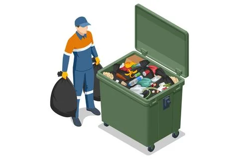 Isometric sanitation worker with waste bag beside an open dumpster full of trash Stock Illustration