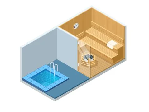Isometric Sauna interior and cold pool. Empty Finnish Sauna, classic wooden Stock Illustration