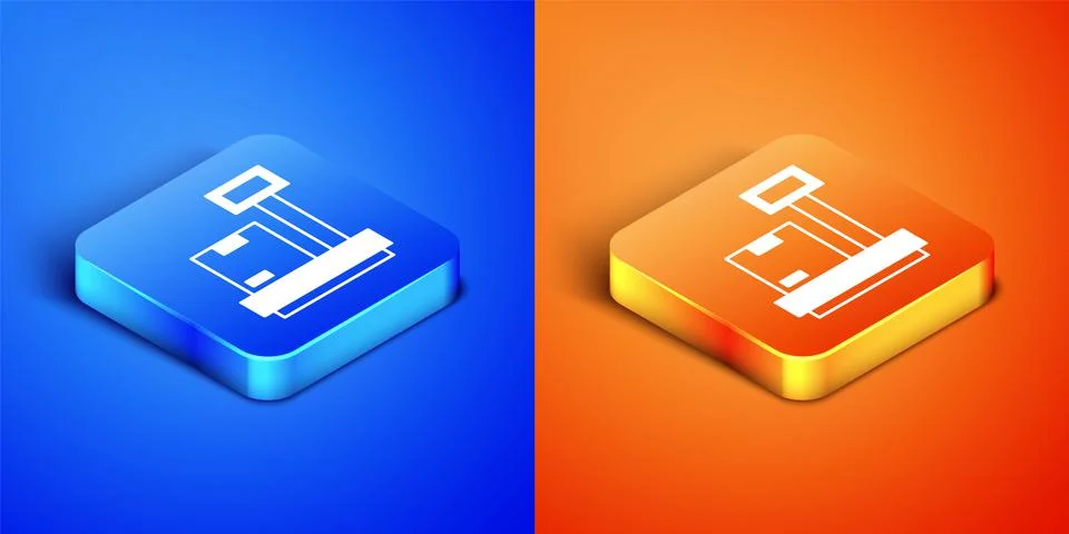 Isometric Scale with cardboard box icon isolated on blue and orange background Stock Illustration