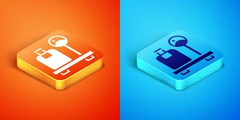Isometric Scale with suitcase icon isolated on orange and blue background. Lo 库存插图