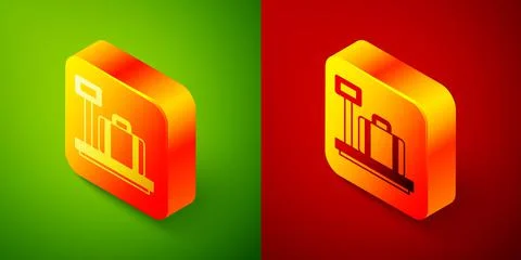 Isometric Scale with suitcase icon isolated on green and red background Illustration