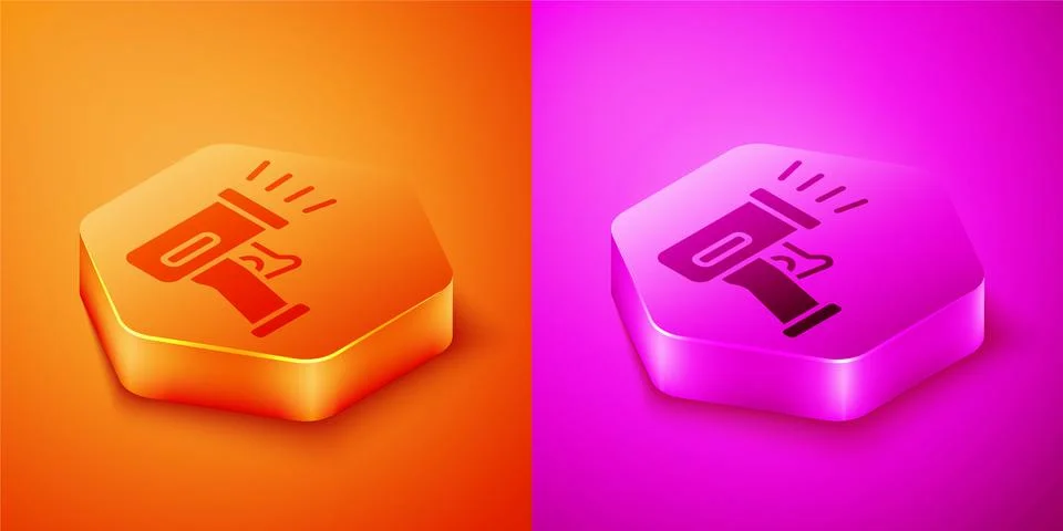 Isometric Scanner scanning bar code icon isolated on orange and pink background 스톡 일러스트