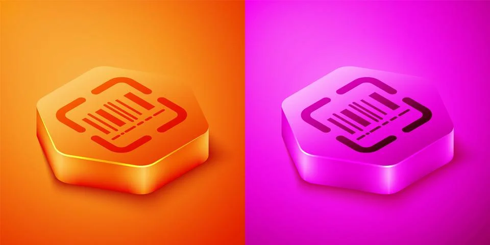 Isometric Scanner scanning bar code icon isolated on orange and pink backgrou 스톡 일러스트