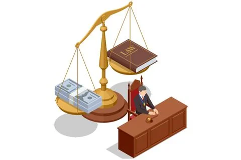 Isometric scene of a judge sitting beneath unbalanced justice scales Stock Illustration