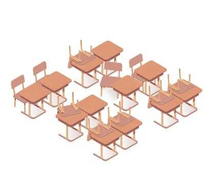 Isometric scene in school classroom ready for summer break. Empty for the summer Stock Illustration