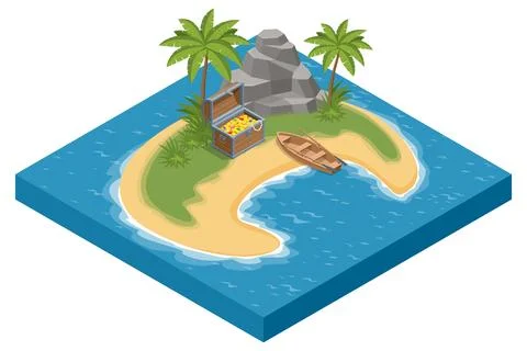 An Isometric scene showing a treasure map unrolled to reveal a lush island with Ilustração Stock