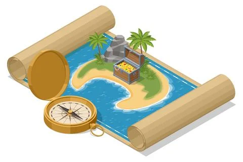 An Isometric scene showing a treasure map unrolled to reveal a lush island with Ilustração Stock